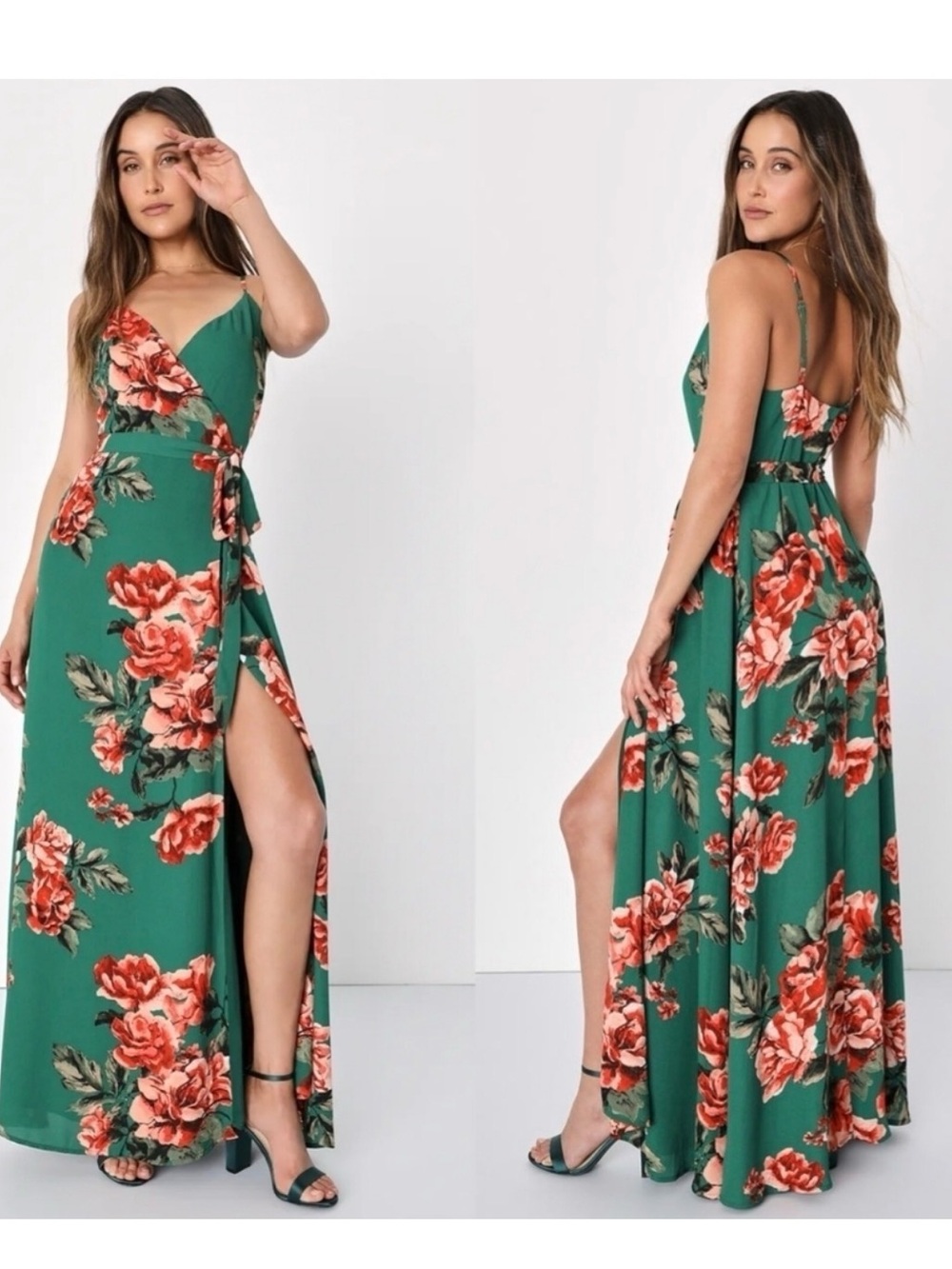 Lulu's Emerald Green Floral Wrap Maxi Dress with Coral Roses